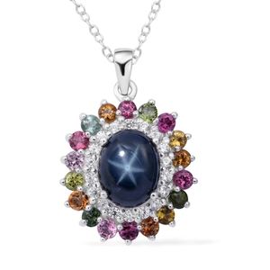 NWT BLUE STAR SAPPHIRE & GEMSTONE PENDANT NECKLACE IN PLATINUM OVER .925 SILVER